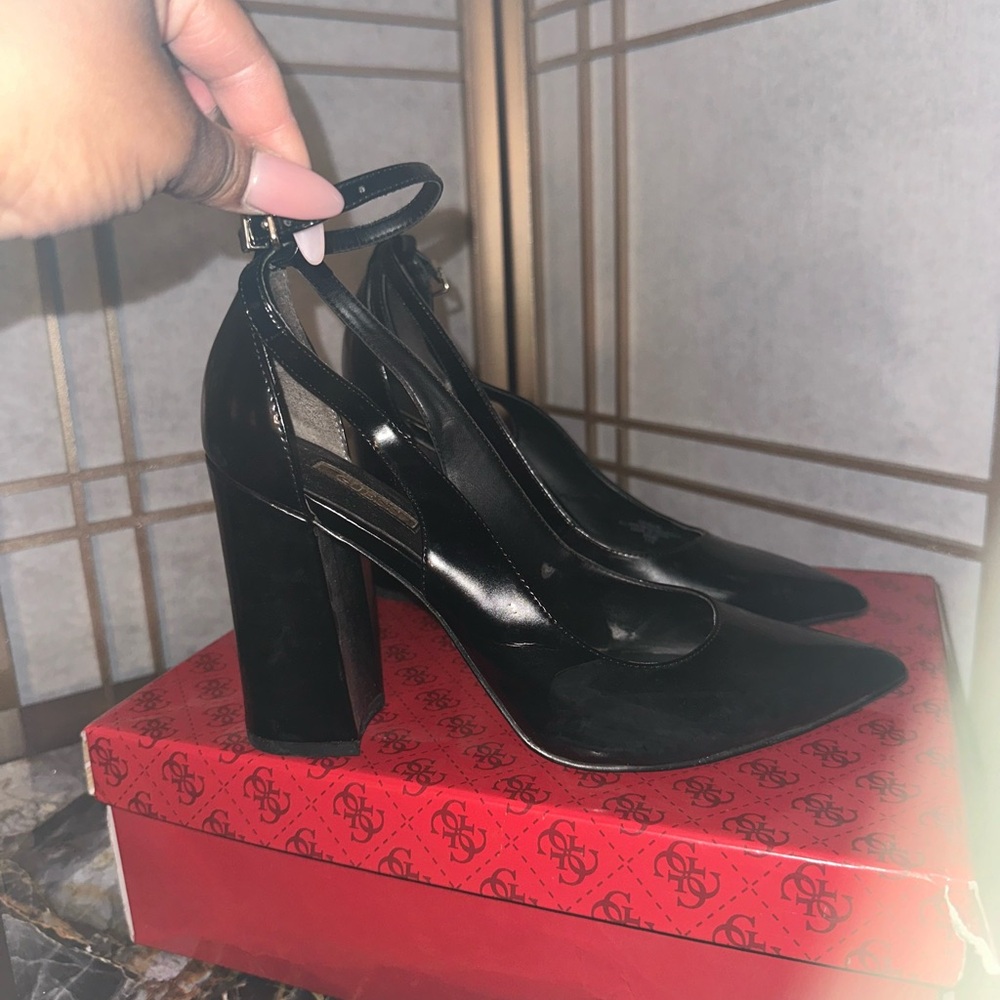 Guess Black Patent Leather Heels with Chunky Block Heel